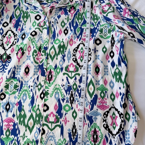 Chico's White Ikat Print Button-Up Shirt with Green, Blue and Pink Accents - Picture 7 of 11